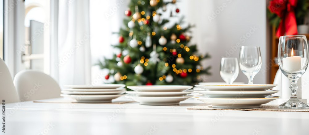 Festive Christmas Table Setting with Plates and a Candle Festive Christmas Table Setting with Plates and a Candle