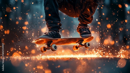 Skateboarder mid-air, sparks fly from the ground below.