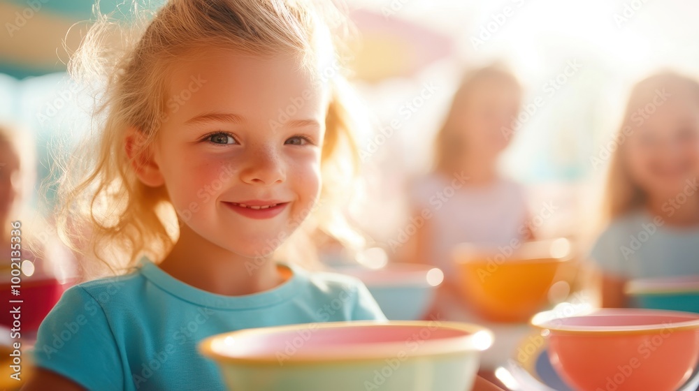 Happy Child with Colorful Bowls in Bright Setting Happy Child with Colorful Bowls in Bright Setting