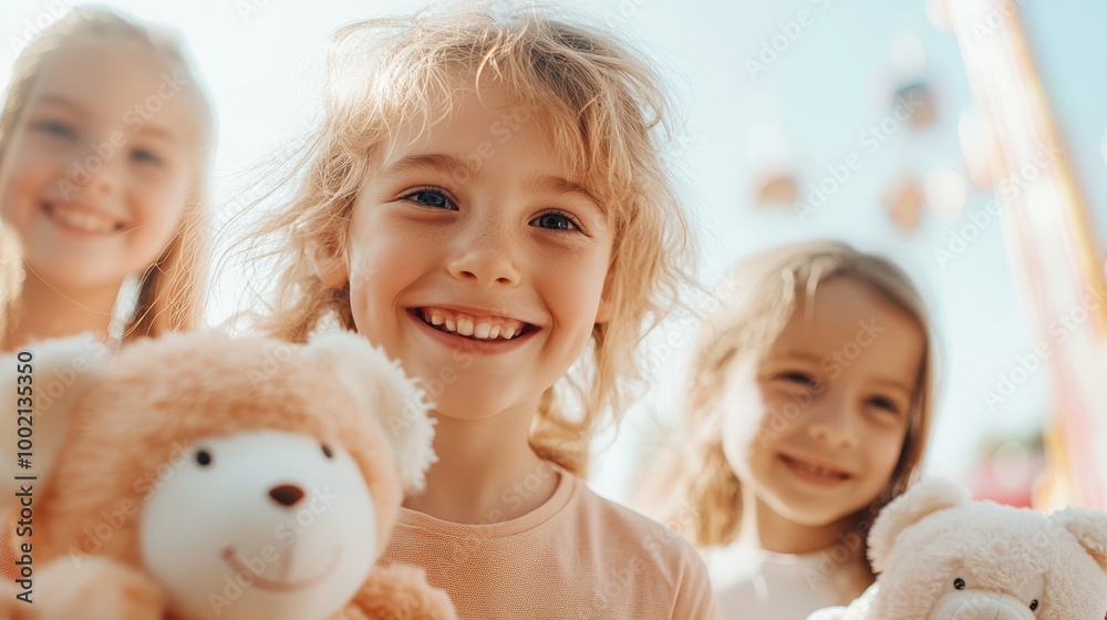 Happy Children Playing with Soft Toys Outdoors Happy Children Playing with Soft Toys Outdoors