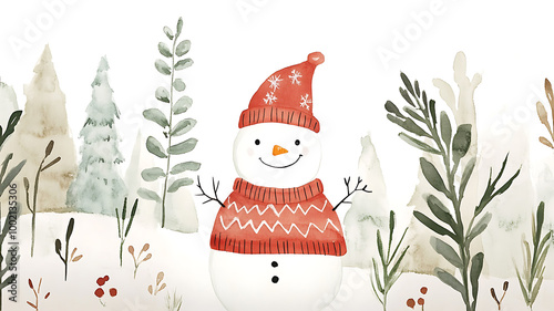 Watercolor snowman in red Christmas sweater with winter forest background
