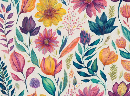 Floral Seamless Pattern with Watercolor Abstract Flowers and Plants 