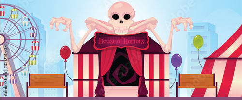 Carnival fair with a horror house with a human skeleton on the roof.
