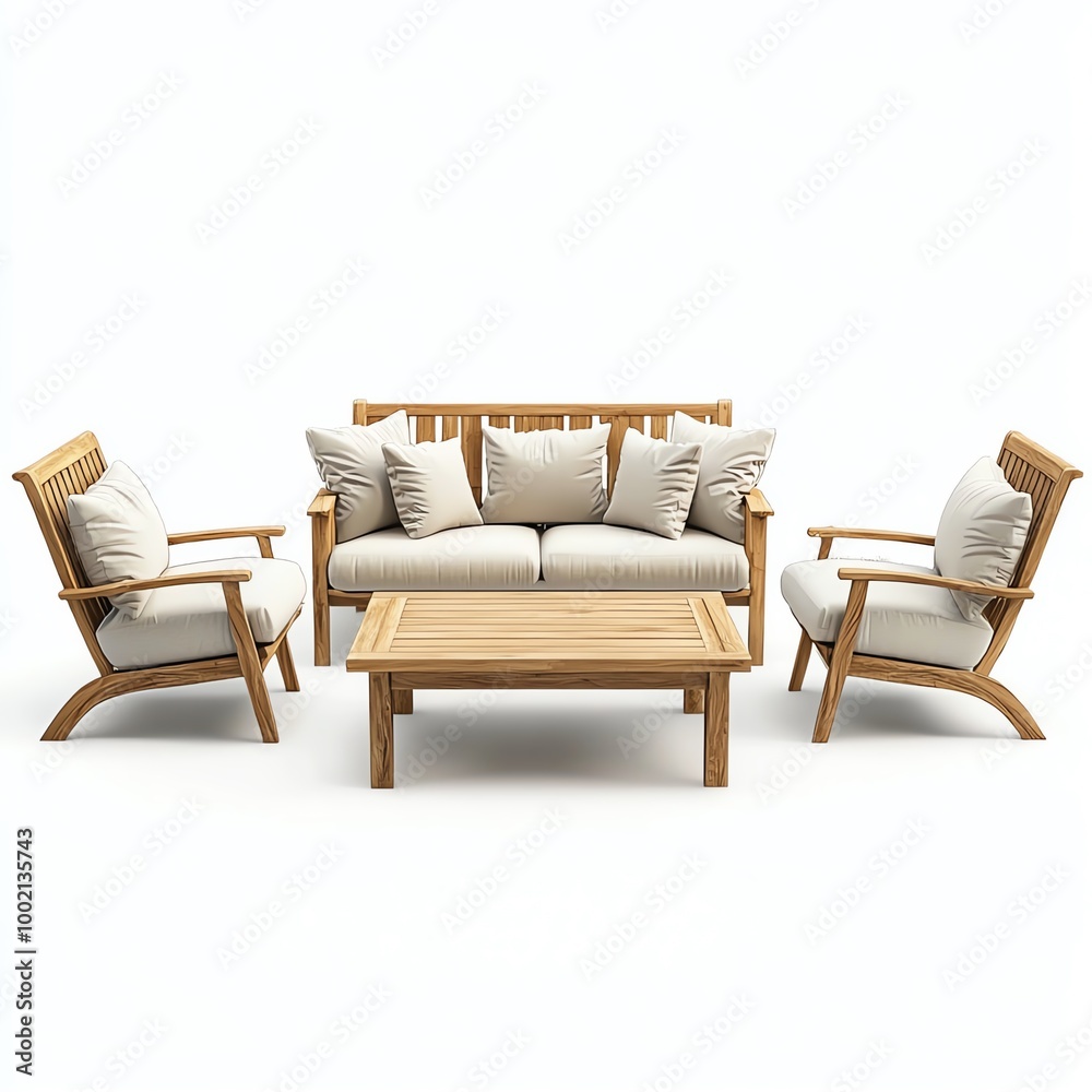 Elegant wooden furniture set with plush cushions, perfect for outdoor relaxation. Elegant wooden furniture set with plush cushions, perfect for outdoor relaxation.