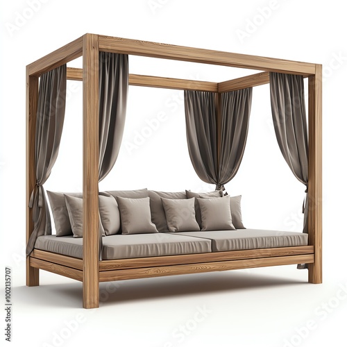 Stylish wooden canopy bed with gray curtains and cushions, perfect for outdoor relaxation.