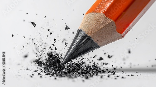 Close-up of a pencil point with graphite shavings exploding from it.