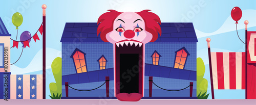 Carnival fair with a horror house entrance in the form of a scary clown mouth.