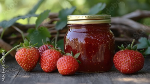 A jar of homemade strawberry jam with fresh strawberries beside it, showcasing the process of preserving the delicious summer fruit.