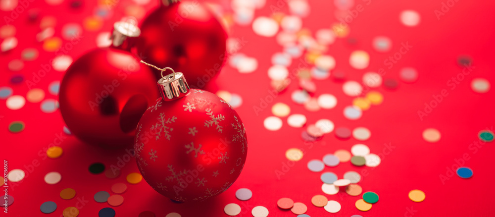 Red Christmas Ornaments with Confetti on Red Background Red Christmas Ornaments with Confetti on Red Background