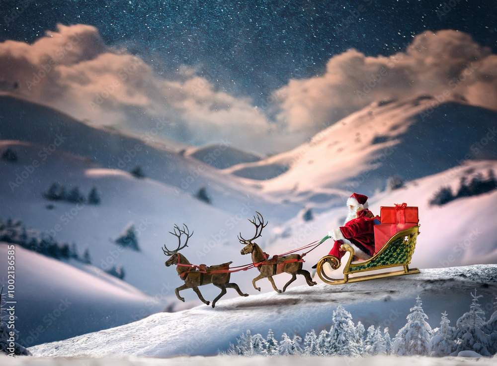 Santa Claus riding on sleigh with gift box 