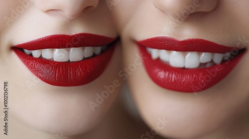 Two close-up images of smiling women with red lipstick.