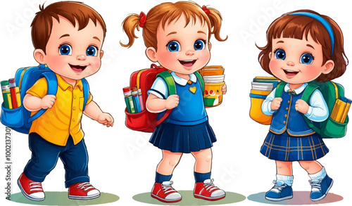 Group of kindergarten little children. Diverse multinational school children. Happy school kids boys and girls of different race. Vector characters clipart illustration isolated. set of cartoon kids