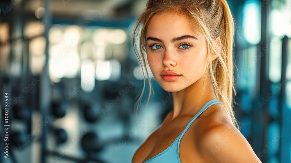 Beautiful young woman posing in a gym Beautiful young woman posing in a gym