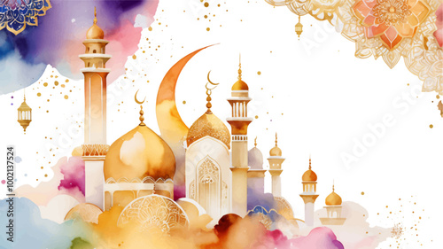 Ramadan Kareem greeting template illustration. vector Islamic background, mosque watercolor style, Muslim holy day, Islamic Ramadan Kareem Eid greeting card design