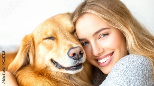 Happy woman hugging golden retriever dog smiling