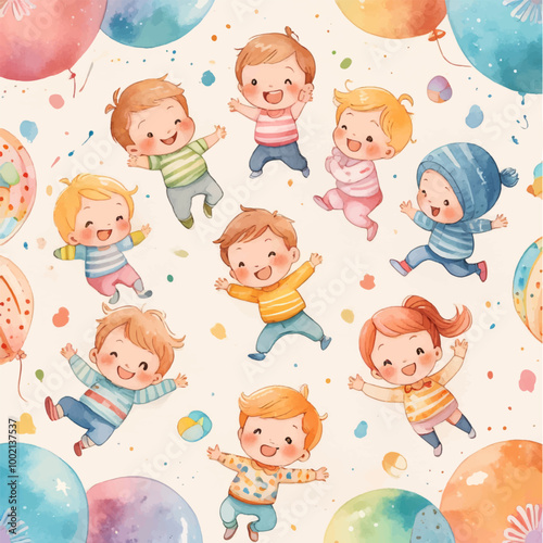 Cute children's fabric seamless pattern, flowers and leaf, stars, speech bubble, line. Hand drawn funny simple vector illustration. white background. Watercolor style for wallpaper,