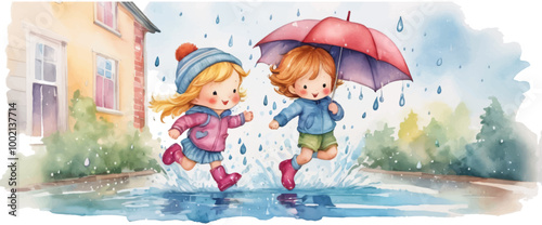 Kids in kindergarten play with their favorite rain playing garden, children drawings. watercolor banner. Funny cartoon characters. Vector illustration. Isolated on white background