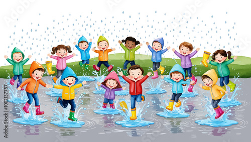 Kids in kindergarten play with their favorite rain playing garden, children drawings. watercolor banner. Funny cartoon characters. Vector illustration. Isolated on white background
