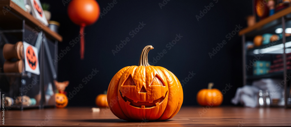 Close-up of a Jack-o'-lantern on a Wooden Table Close-up of a Jack-o'-lantern on a Wooden Table