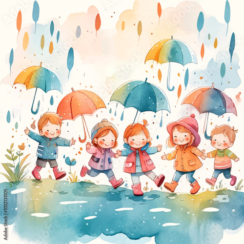 Kids in kindergarten play with their favorite rain playing garden, children drawings. watercolor banner. Funny cartoon characters. Vector illustration. Isolated on white background