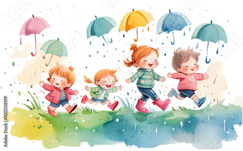 Kids in kindergarten play with their favorite rain playing garden, children drawings. watercolor banner. Funny cartoon characters. Vector illustration. Isolated on white background