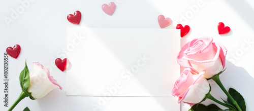 Pink Rose and White Blank Card With Hearts