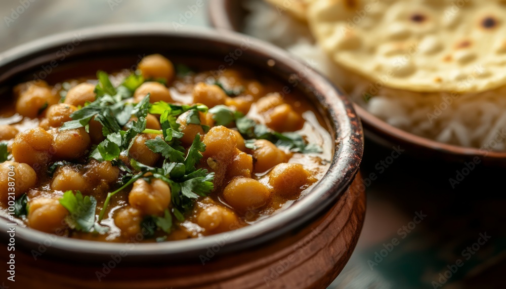 Spicy Indian chickpea curry served over a bed of rice. Spicy Indian chickpea curry served over a bed of rice.