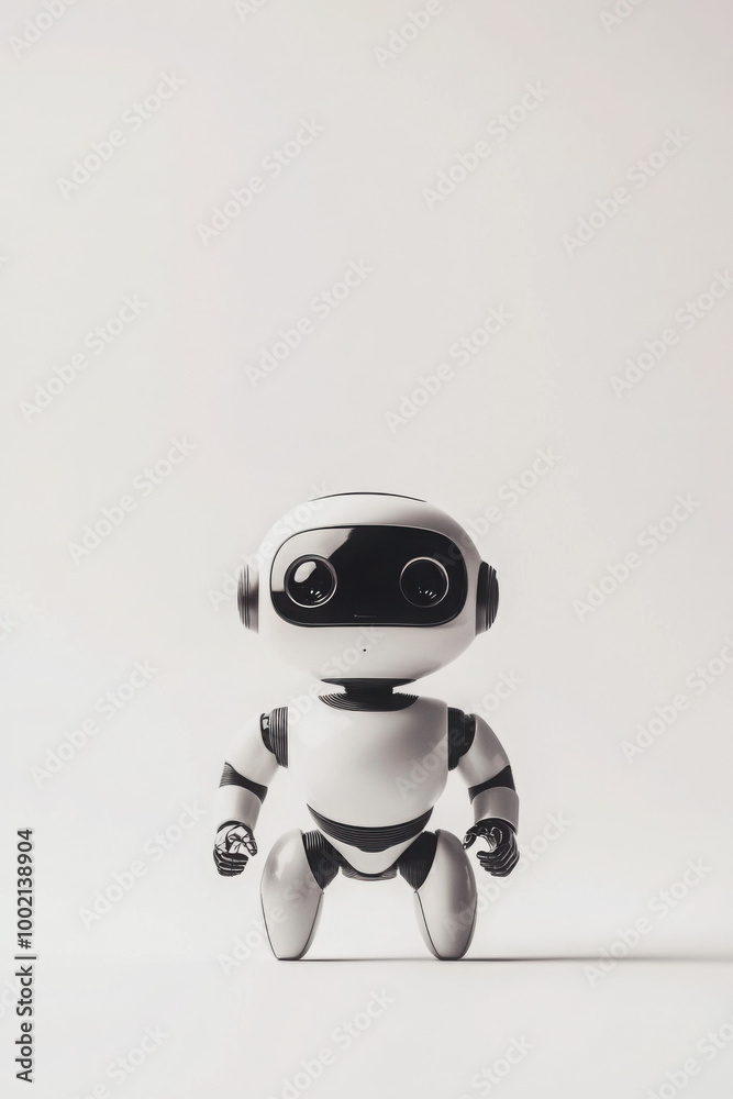 Small white and black robot with round eyes standing against a plain white background. Small white and black robot with round eyes standing against a plain white background.