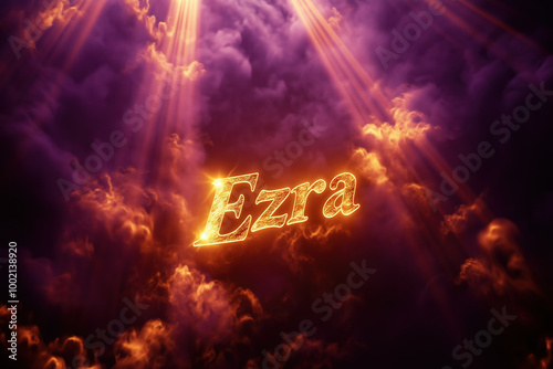 Glowing golden title Ezra with sun rays in clouds