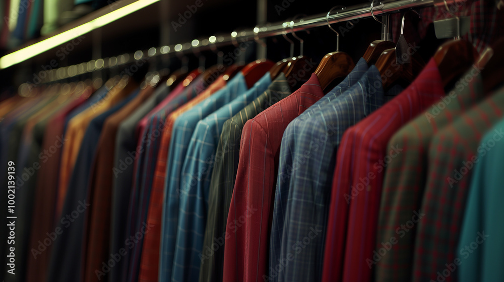 Elegant Men Suits Displayed on Hangers in a Fashion Boutique Elegant Men Suits Displayed on Hangers in a Fashion Boutique