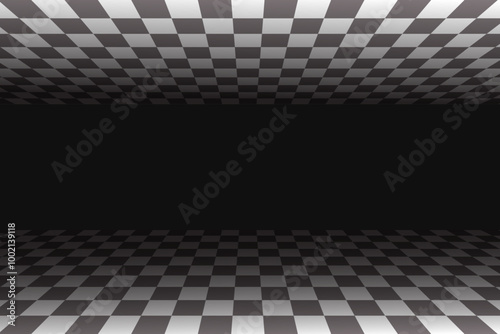 Perspective chess floor. White and black checkered pattern room. 3D tiled floor. Vector abstract surreal space isometric illustration. Endless tunnel, futuristic monochrome wallpaper