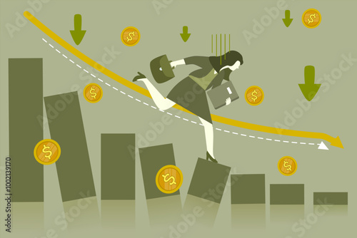 Businesswoman Struggling with Financial Decline and Downward Trend for Economic Recession and Crisis Illustration