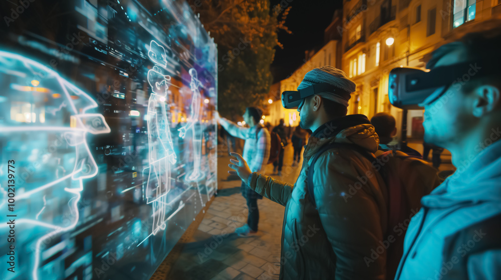 A person on a virtual tour with AR and VR goggles exploring global destinations. A person on a virtual tour with AR and VR goggles exploring global destinations.