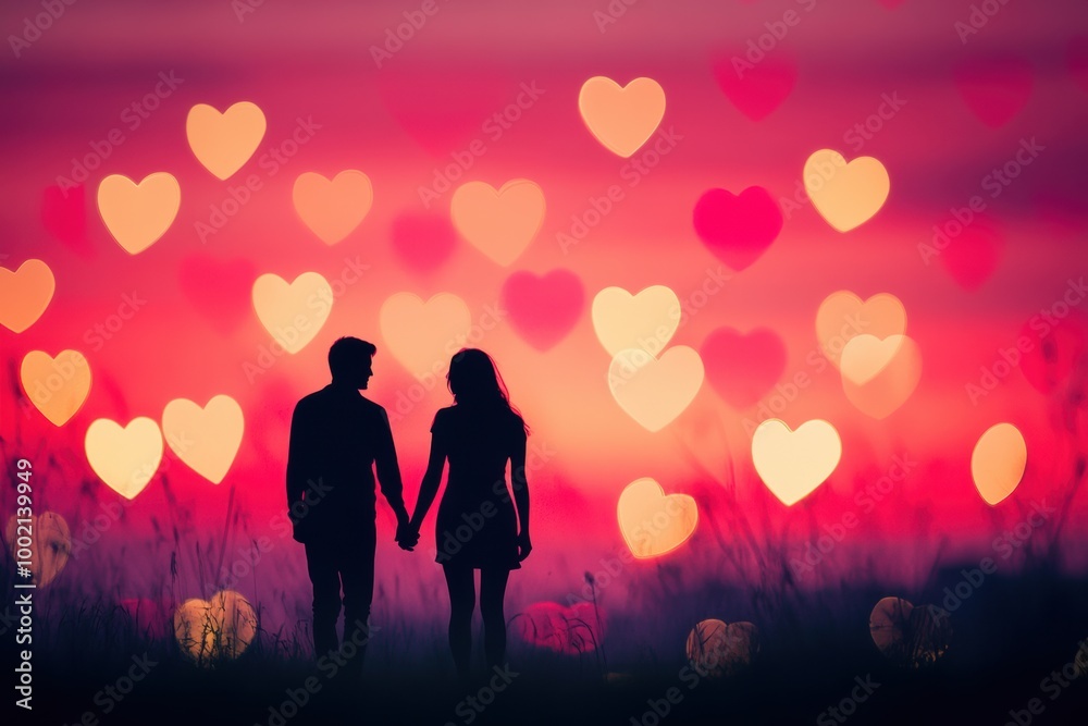 A couple holds hands at sunset with heart-shaped bokeh lights creating a romantic atmosphere in a vibrant pink and red sky. Generative AI
