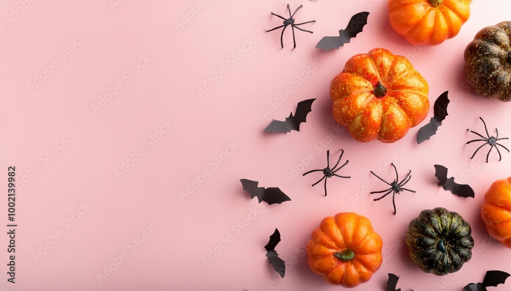 A festive Halloween arrangement featuring pumpkins, bats, spiders, and candy on a vibrant pink background