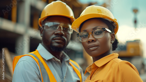 Black Engineers, a Man and a Woman, at a Construction Site