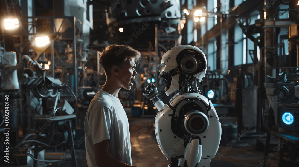 Screaming Face-off Angry Man and Robot in Intense Studio Scene Screaming Face-off Angry Man and Robot in Intense Studio Scene