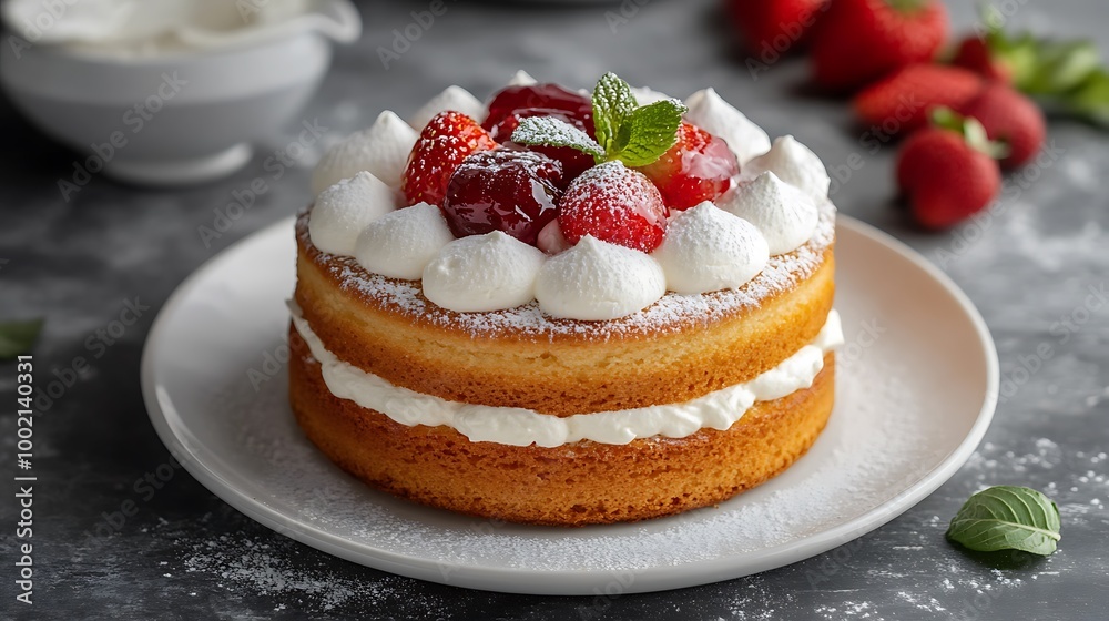 A small cake with whipped cream and strawberries on a white plate. A small cake with whipped cream and strawberries on a white plate.