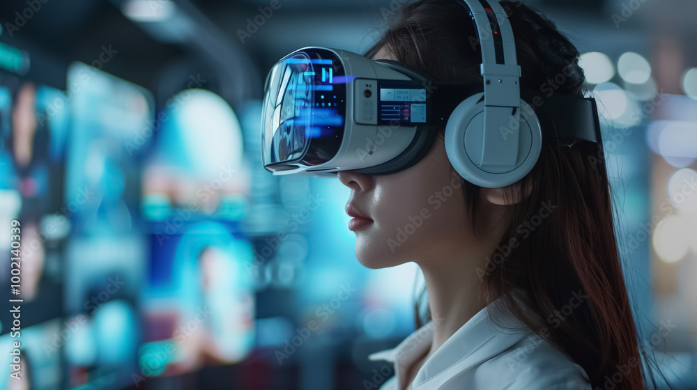 female Worker in a Smart Office Using VR Glasses for Interactive Future Technology female Worker in a Smart Office Using VR Glasses for Interactive Future Technology