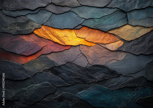 Texture of a stone wall with blue, black and orange shades. Created with Ai
