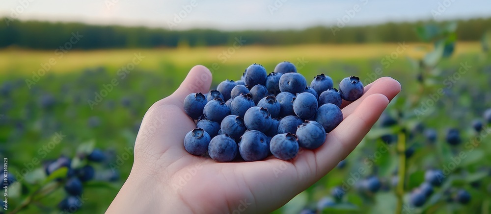 Hand Holding Freshly Picked Blueberries in a Lush Green Field on a Sunny Day Hand Holding Freshly Picked Blueberries in a Lush Green Field on a Sunny Day