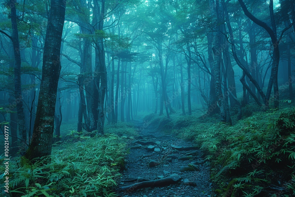 Obraz premium Mysterious Aokigahara forest landscape at twilight with serene atmosphere