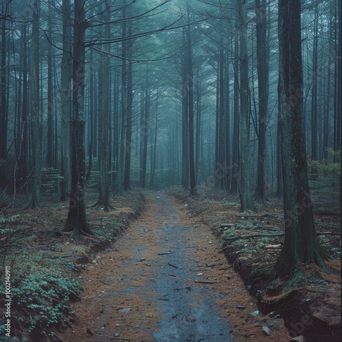 Misty forest path in Aokigahara with towering trees and tranquility photo