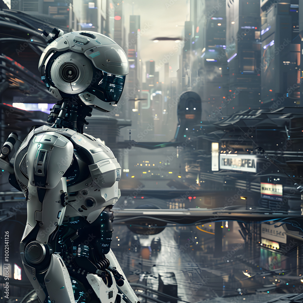 Futuristic robot standing in front of a sci fi city with flying vehicles Futuristic robot standing in front of a sci fi city with flying vehicles