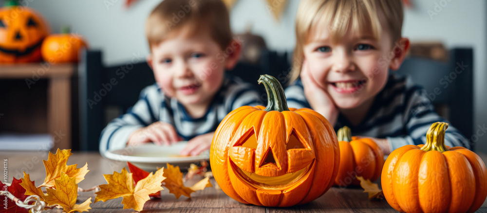 Fototapeta premium Happy Halloween with Kids and Pumpkins