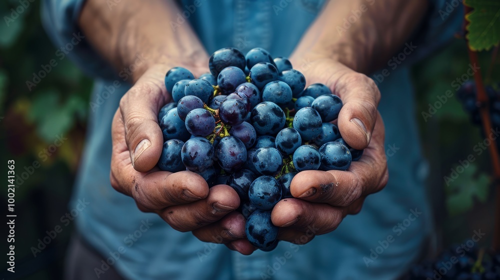 Freshly harvested grapes in farmer's hands during grape harvest