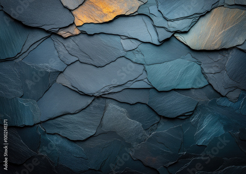 Blue, black and orange pieces of rock. Created with Ai