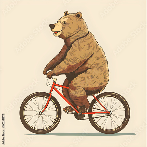 Big brown bear riding a bicycle illustration