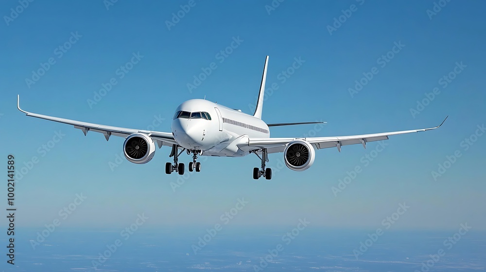 Obraz premium Mid-Air Commercial Jet Soaring Against Sky