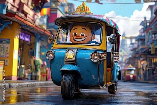 A Smiling Cartoon Driver in a Colorful Tuk-Tuk in a Vibrant City Street